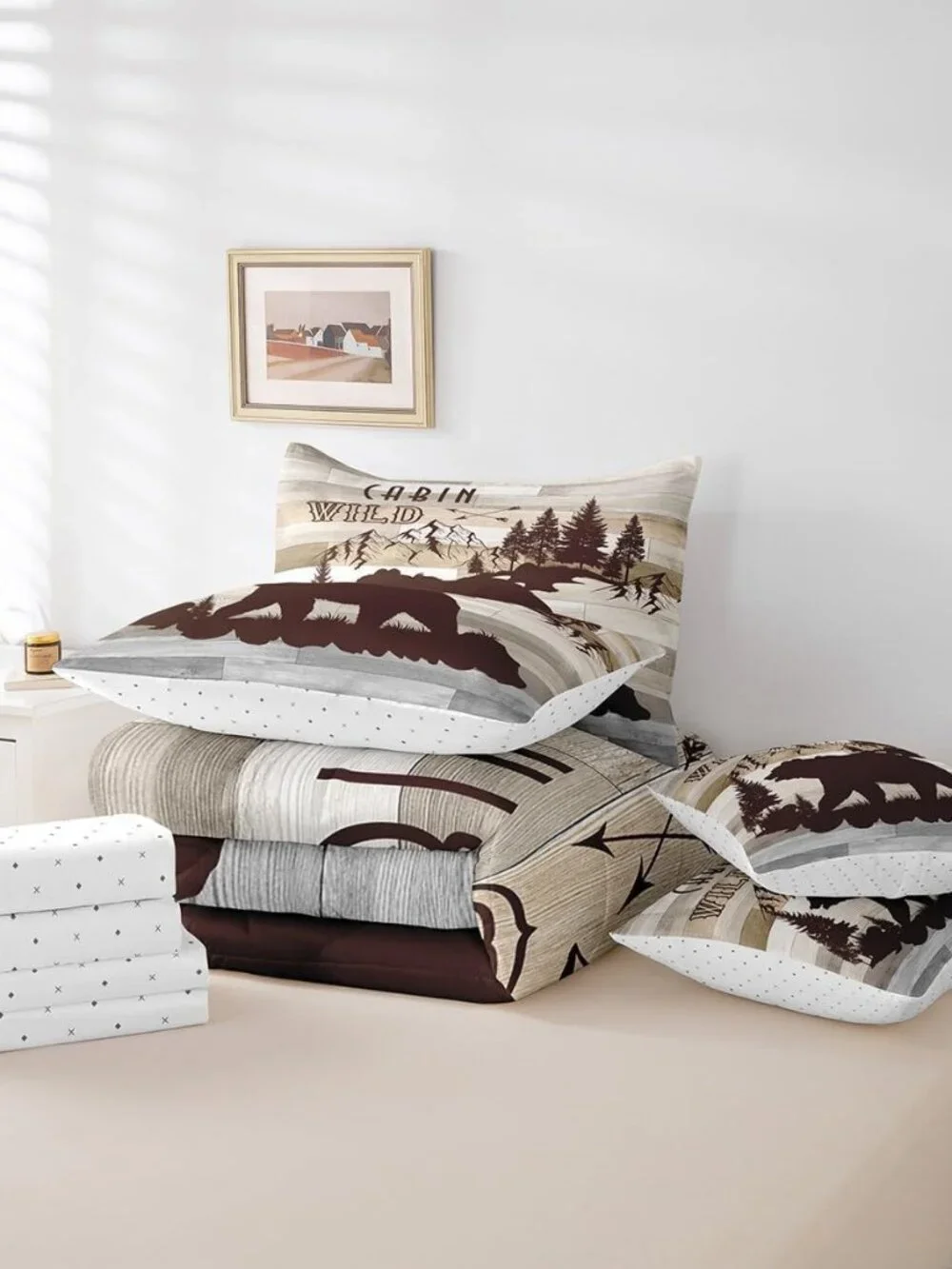 Boys Girls Rustic Bear Bed in a Set Queen Size, Cabin Comforter Set with Sheets